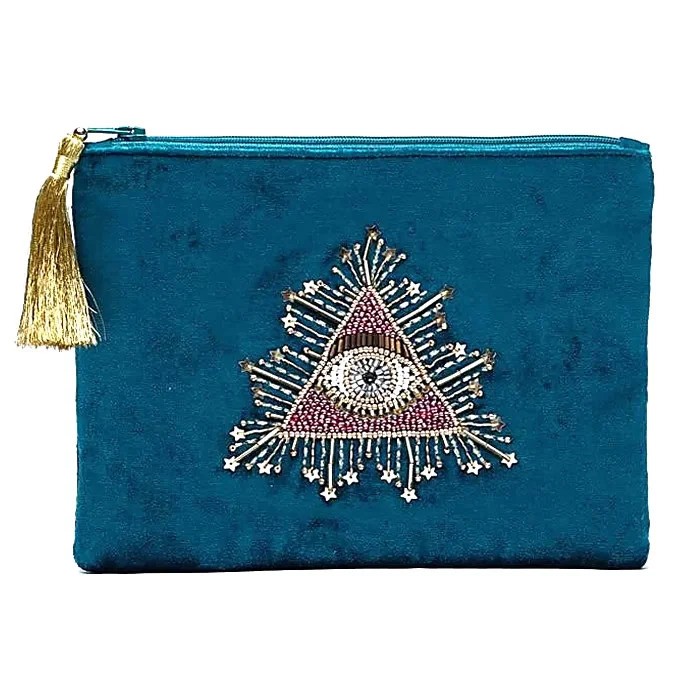 Zippered-velvet-pouch-petrol-with-tarot-eye-20cm