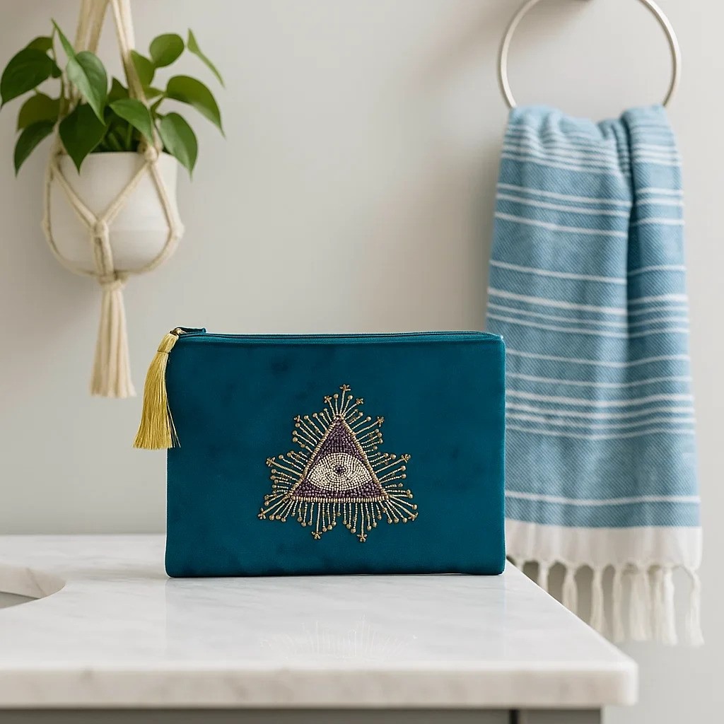 Zippered-velvet-pouch-petrol-with-tarot-eye
